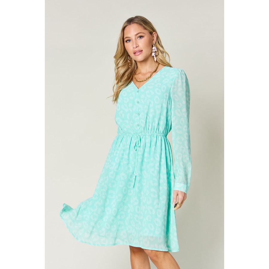 Double Take Full Size Printed Ruched V-Neck Long Sleeve Dress Light Green / S Apparel and Accessories