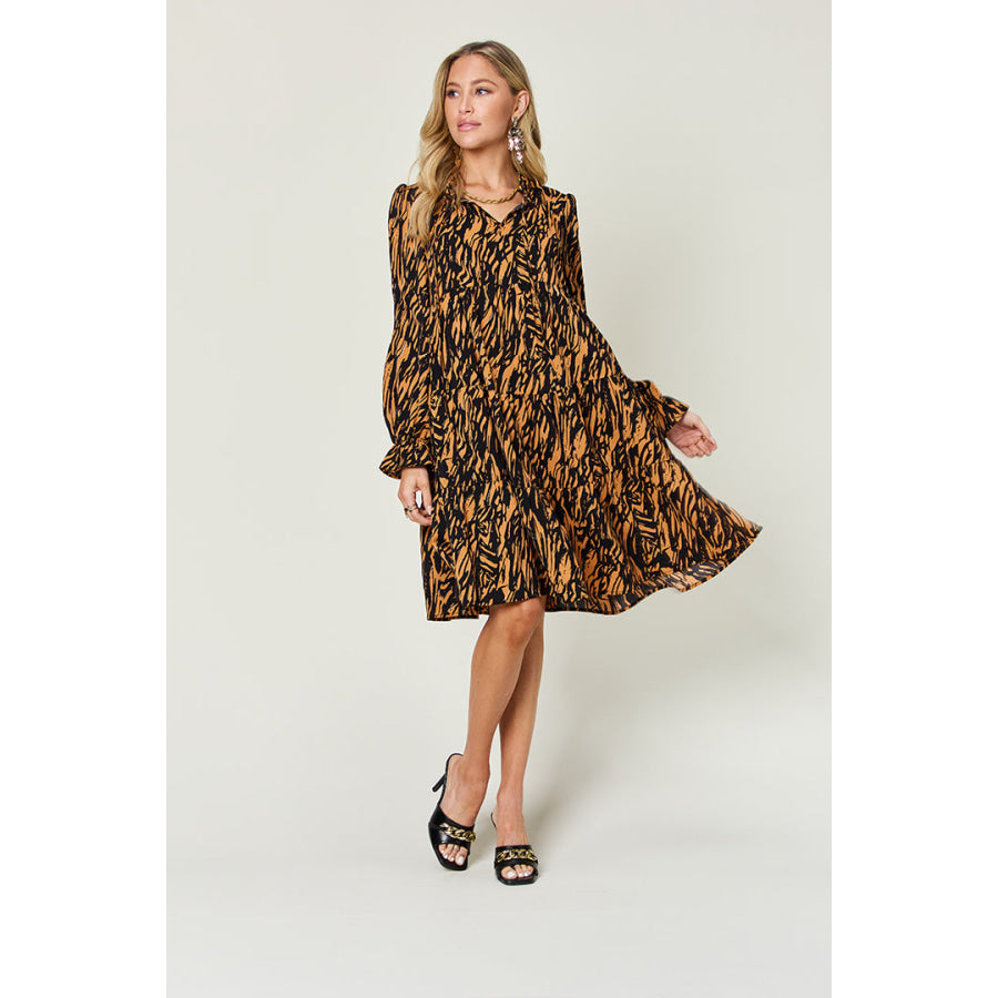 Double Take Full Size Printed Ruffle Hem Long Sleeve Dress Apparel and Accessories