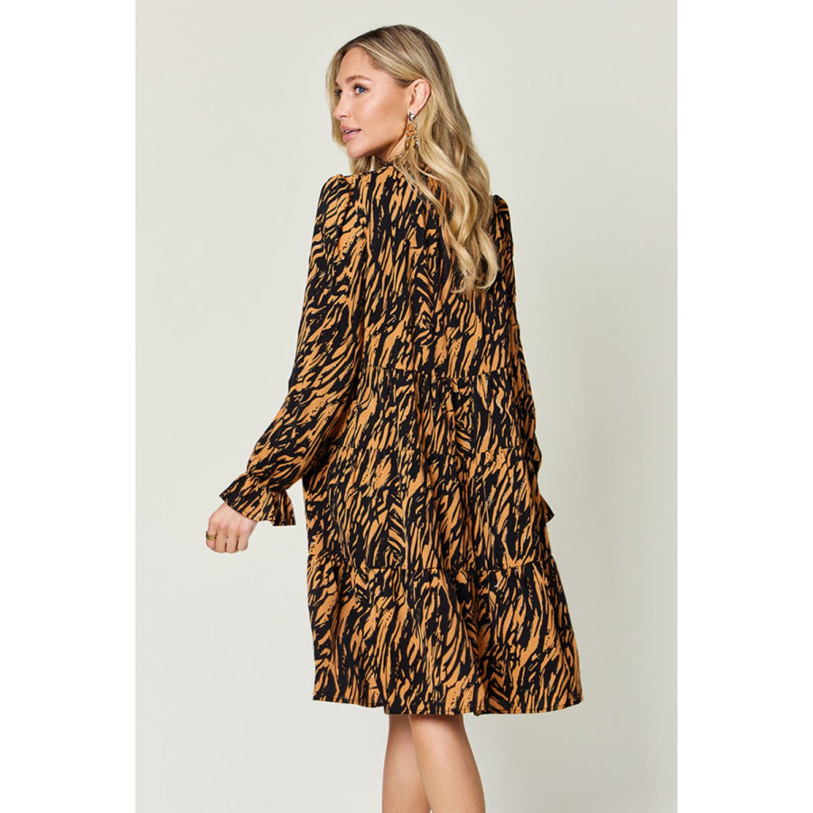 Double Take Full Size Printed Ruffle Hem Long Sleeve Dress Apparel and Accessories