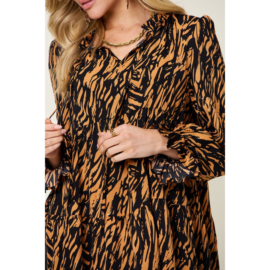 Double Take Full Size Printed Ruffle Hem Long Sleeve Dress Apparel and Accessories