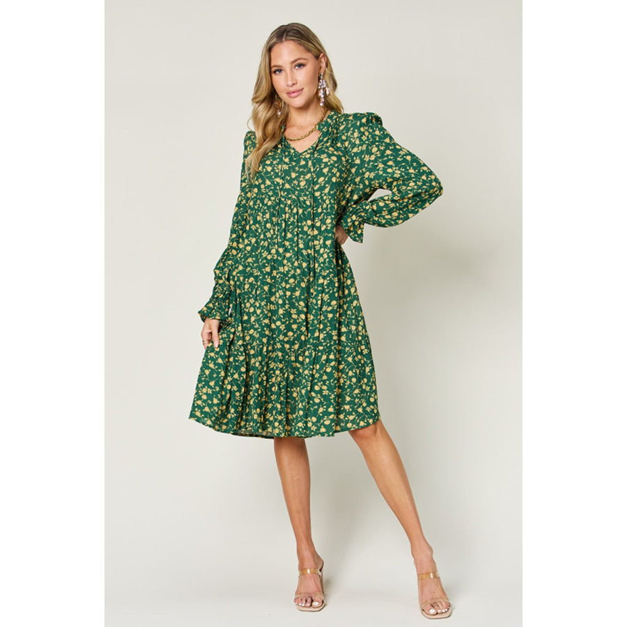 Double Take Full Size Printed Ruffle Hem Long Sleeve Dress Apparel and Accessories