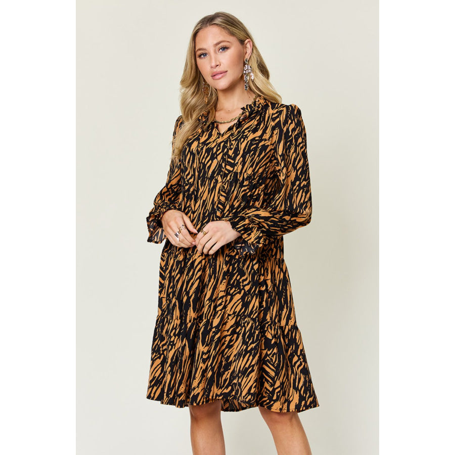 Double Take Full Size Printed Ruffle Hem Long Sleeve Dress Apparel and Accessories