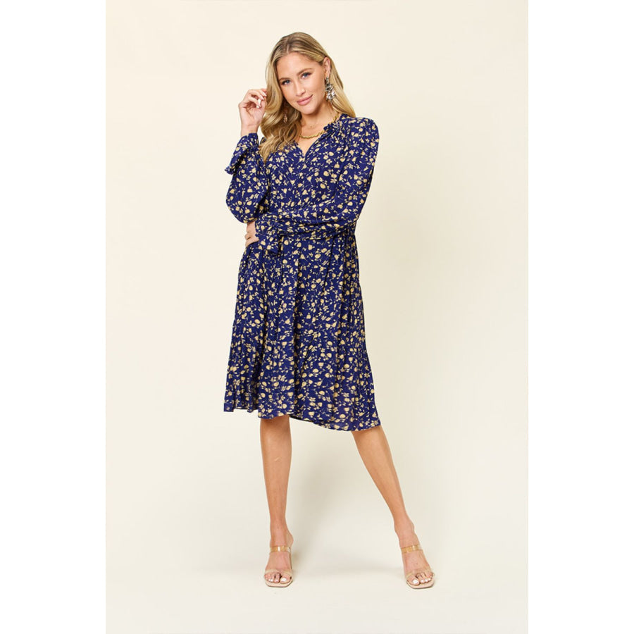 Double Take Full Size Printed Ruffle Hem Long Sleeve Dress Apparel and Accessories