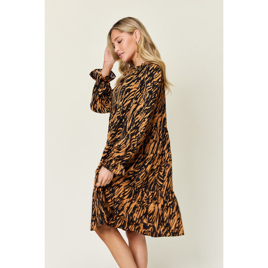 Double Take Full Size Printed Ruffle Hem Long Sleeve Dress Apparel and Accessories