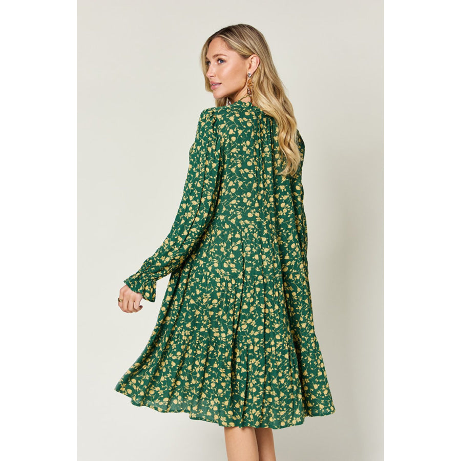 Double Take Full Size Printed Ruffle Hem Long Sleeve Dress Apparel and Accessories