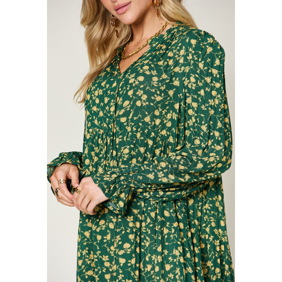 Double Take Full Size Printed Ruffle Hem Long Sleeve Dress Apparel and Accessories