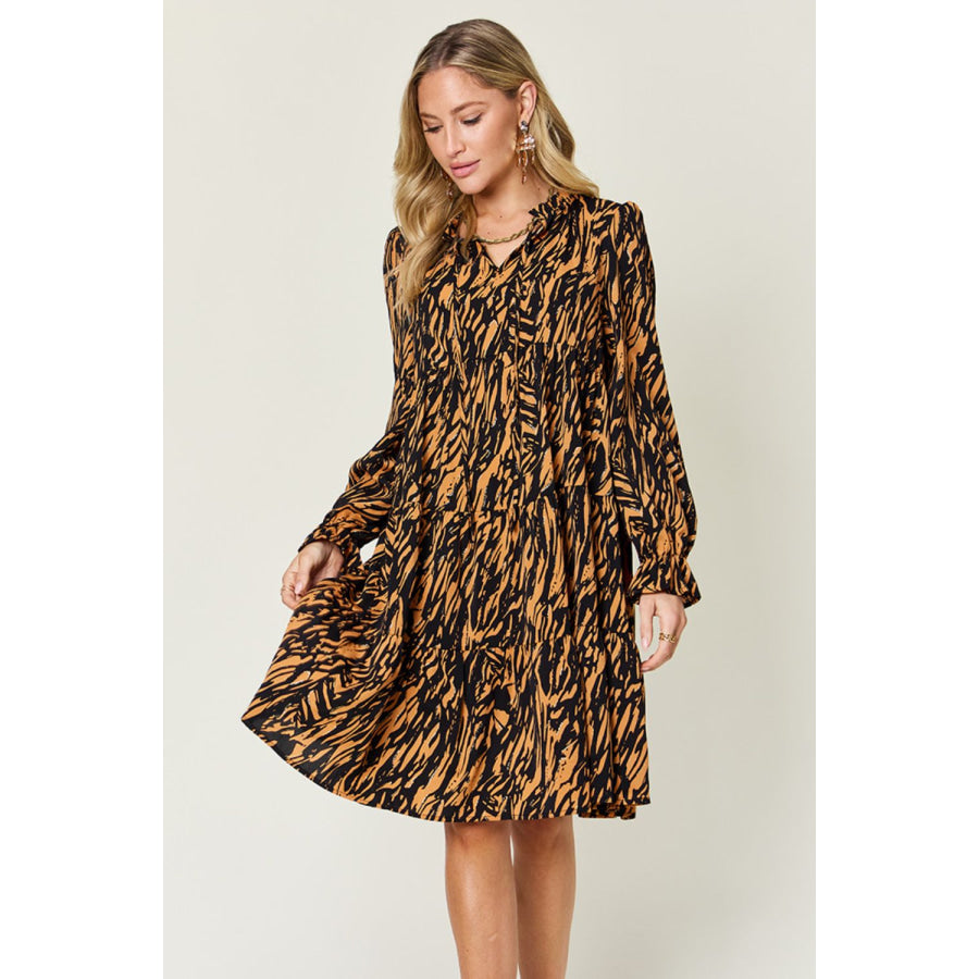 Double Take Full Size Printed Ruffle Hem Long Sleeve Dress Caramel / S Apparel and Accessories