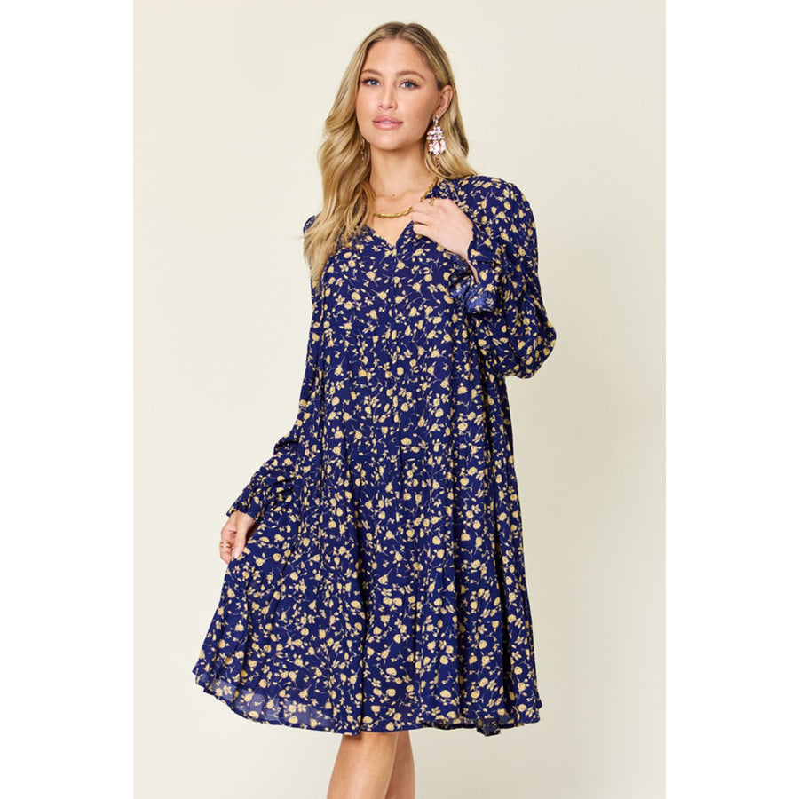 Double Take Full Size Printed Ruffle Hem Long Sleeve Dress Dark Blue / S Apparel and Accessories