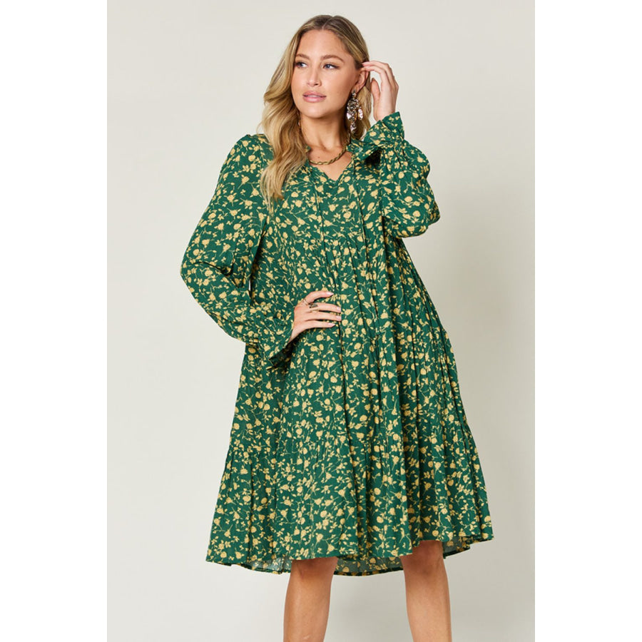 Double Take Full Size Printed Ruffle Hem Long Sleeve Dress Dark Green / S Apparel and Accessories