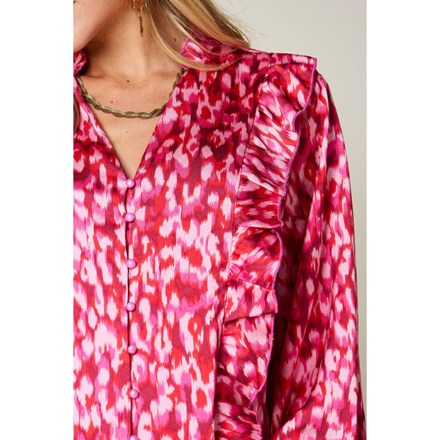 Double Take Full Size Printed Ruffle Trim Balloon Sleeve Shirt Apparel and Accessories