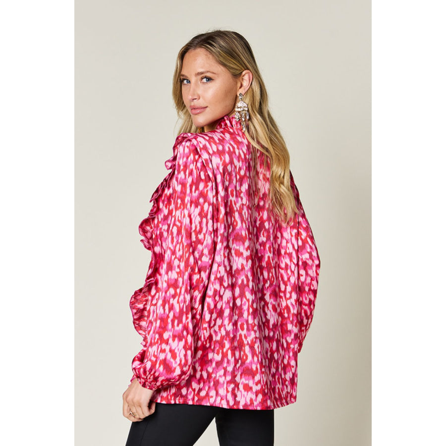 Double Take Full Size Printed Ruffle Trim Balloon Sleeve Shirt Apparel and Accessories