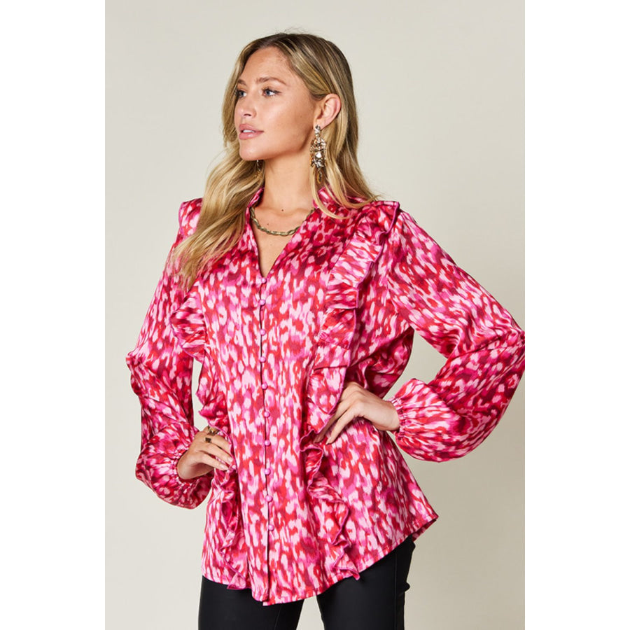 Double Take Full Size Printed Ruffle Trim Balloon Sleeve Shirt Apparel and Accessories