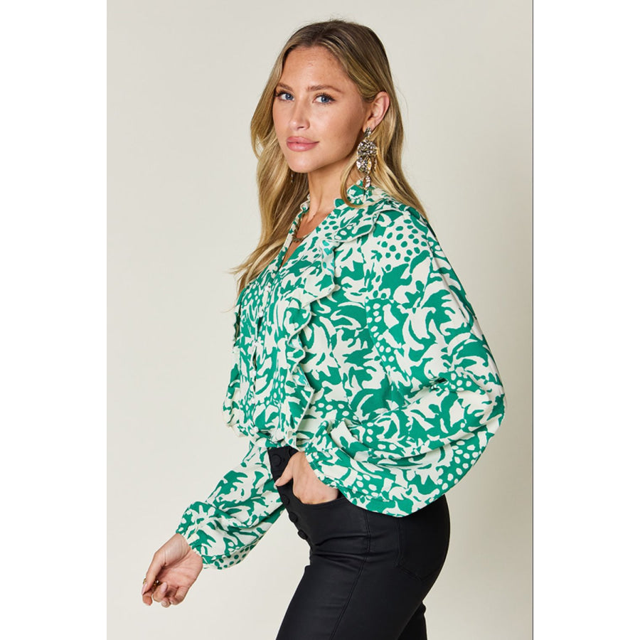 Double Take Full Size Printed Ruffle Trim Balloon Sleeve Shirt Apparel and Accessories