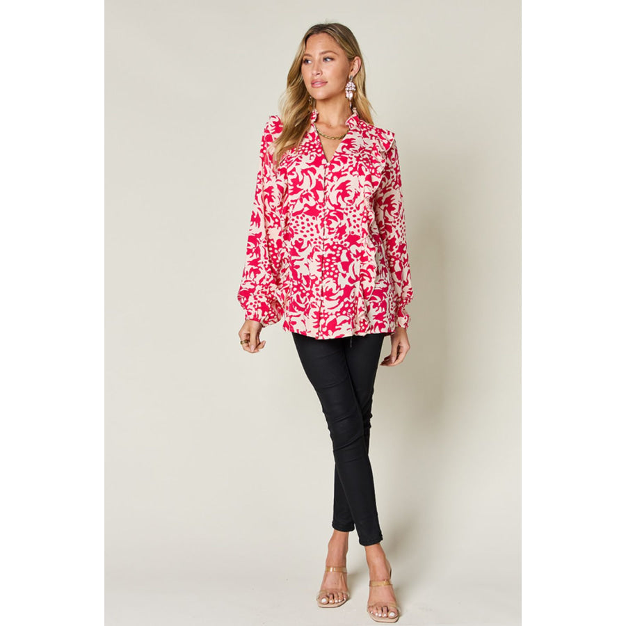 Double Take Full Size Printed Ruffle Trim Balloon Sleeve Shirt Apparel and Accessories