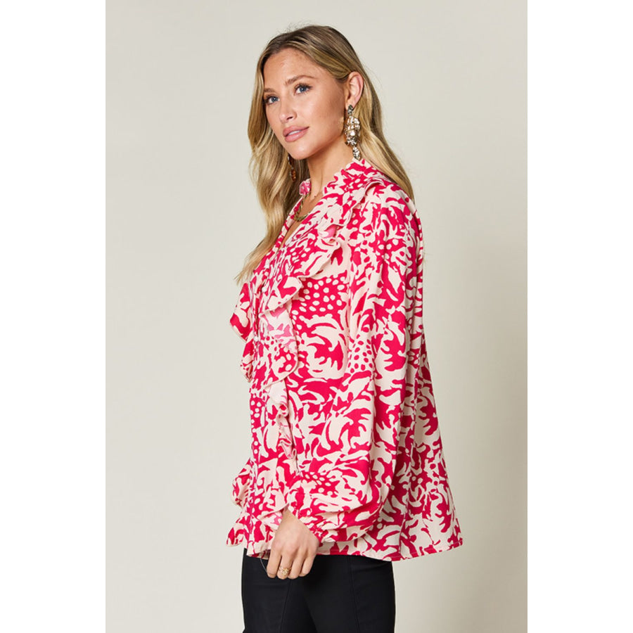 Double Take Full Size Printed Ruffle Trim Balloon Sleeve Shirt Apparel and Accessories