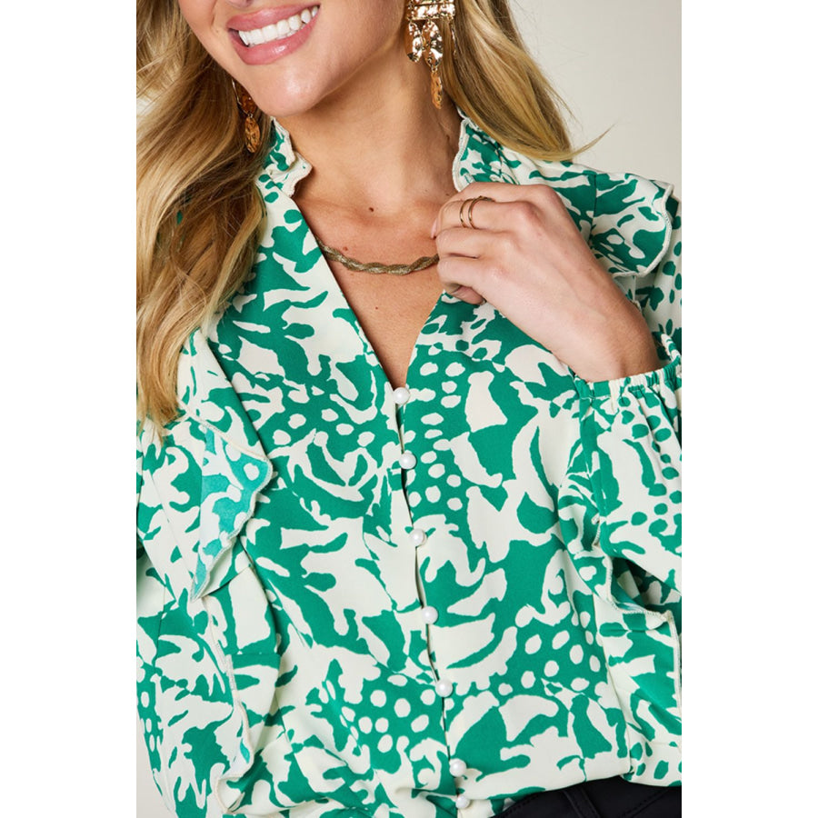 Double Take Full Size Printed Ruffle Trim Balloon Sleeve Shirt Apparel and Accessories