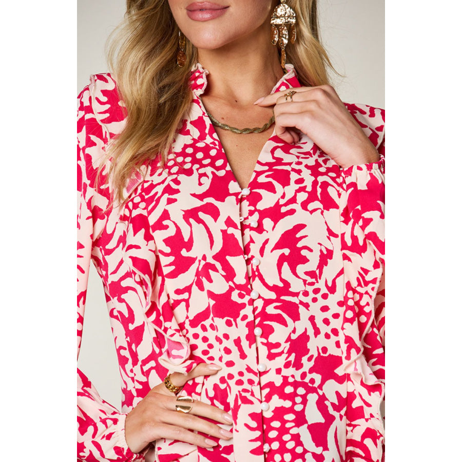 Double Take Full Size Printed Ruffle Trim Balloon Sleeve Shirt Apparel and Accessories