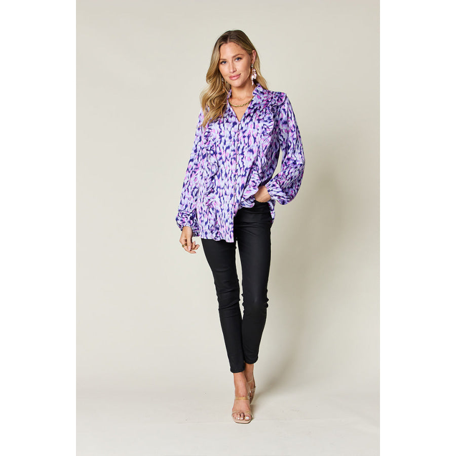 Double Take Full Size Printed Ruffle Trim Balloon Sleeve Shirt Apparel and Accessories