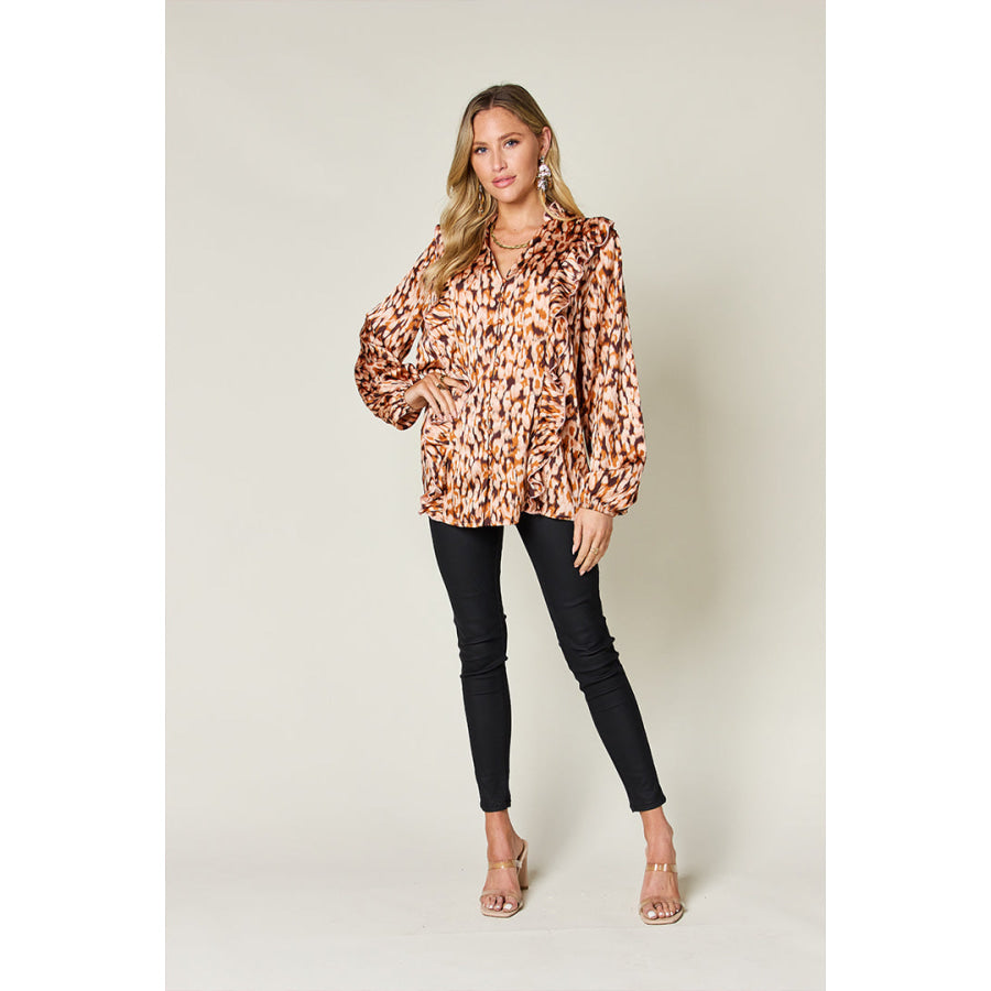 Double Take Full Size Printed Ruffle Trim Balloon Sleeve Shirt Apparel and Accessories