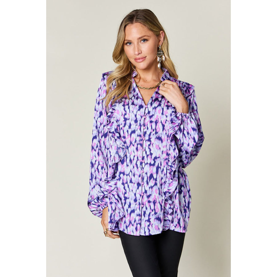 Double Take Full Size Printed Ruffle Trim Balloon Sleeve Shirt Apparel and Accessories