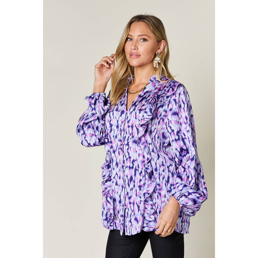 Double Take Full Size Printed Ruffle Trim Balloon Sleeve Shirt Apparel and Accessories