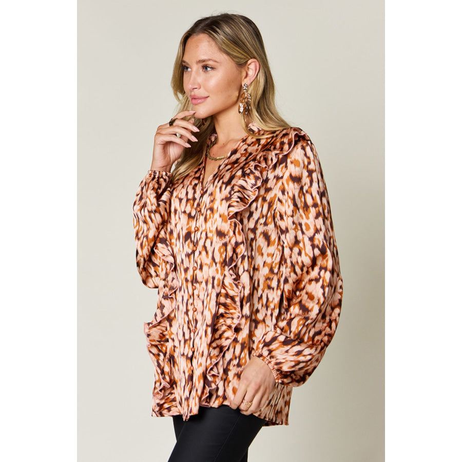 Double Take Full Size Printed Ruffle Trim Balloon Sleeve Shirt Apparel and Accessories