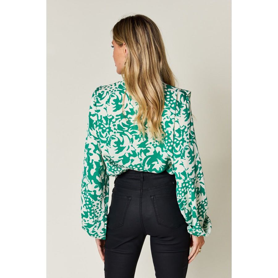 Double Take Full Size Printed Ruffle Trim Balloon Sleeve Shirt Apparel and Accessories