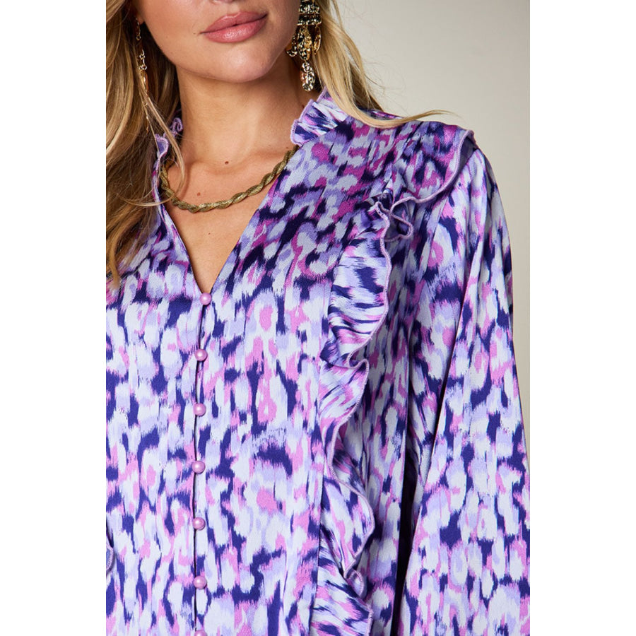 Double Take Full Size Printed Ruffle Trim Balloon Sleeve Shirt Apparel and Accessories