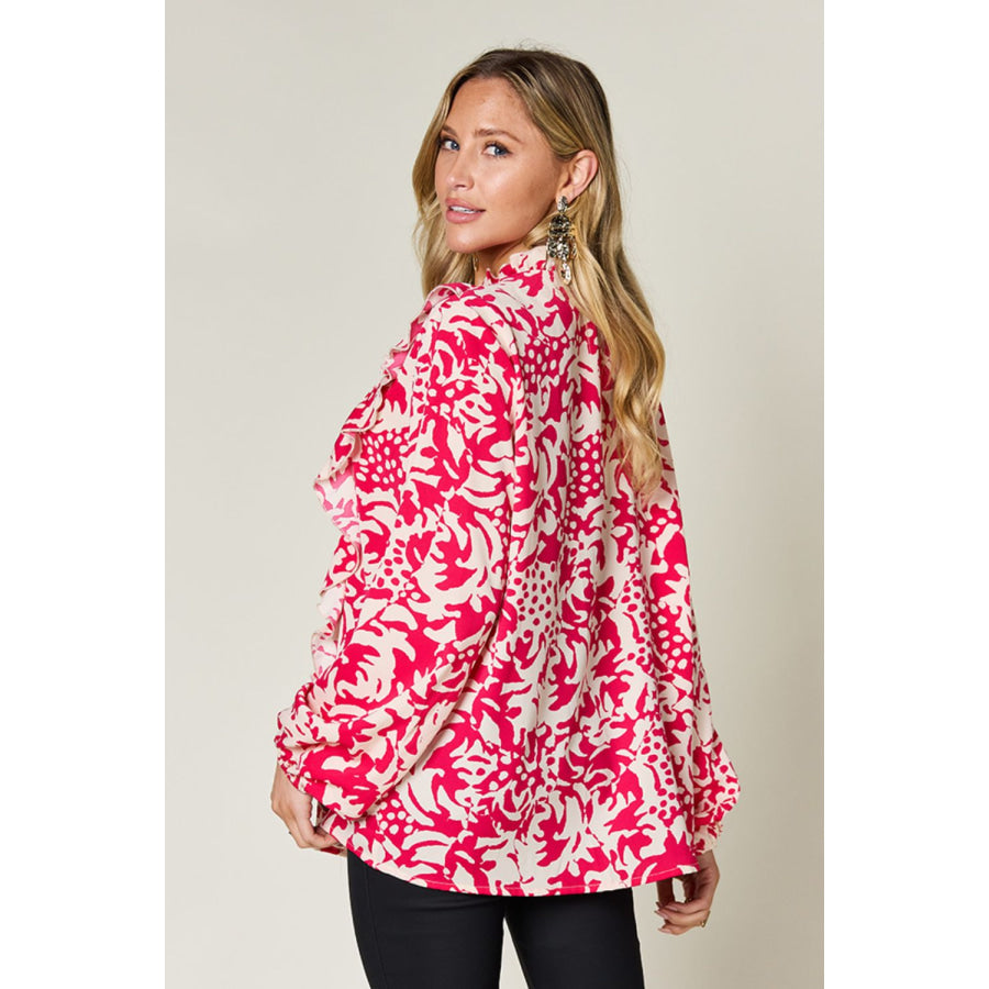 Double Take Full Size Printed Ruffle Trim Balloon Sleeve Shirt Apparel and Accessories