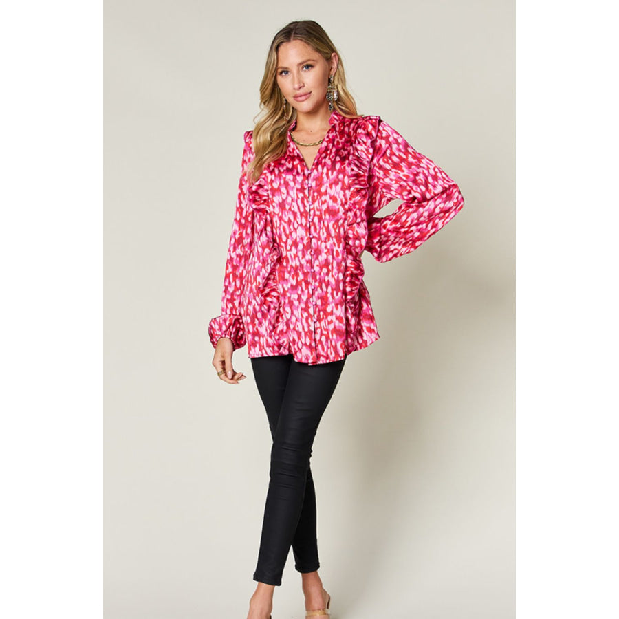 Double Take Full Size Printed Ruffle Trim Balloon Sleeve Shirt Apparel and Accessories