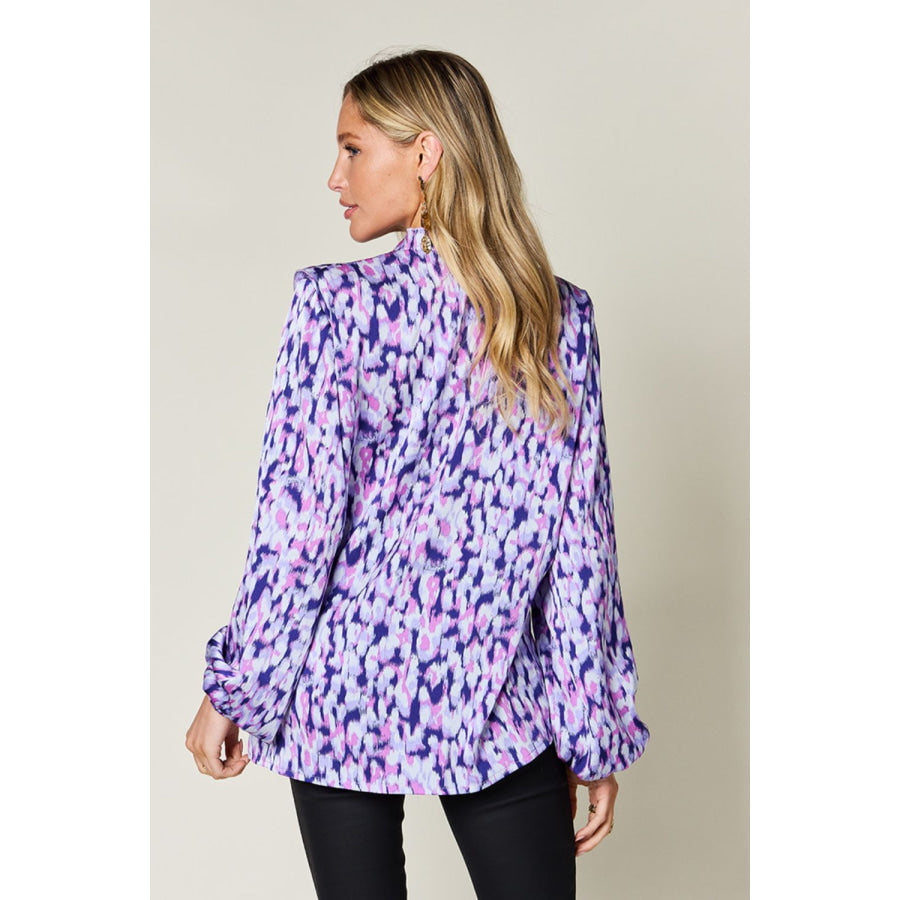 Double Take Full Size Printed Ruffle Trim Balloon Sleeve Shirt Apparel and Accessories