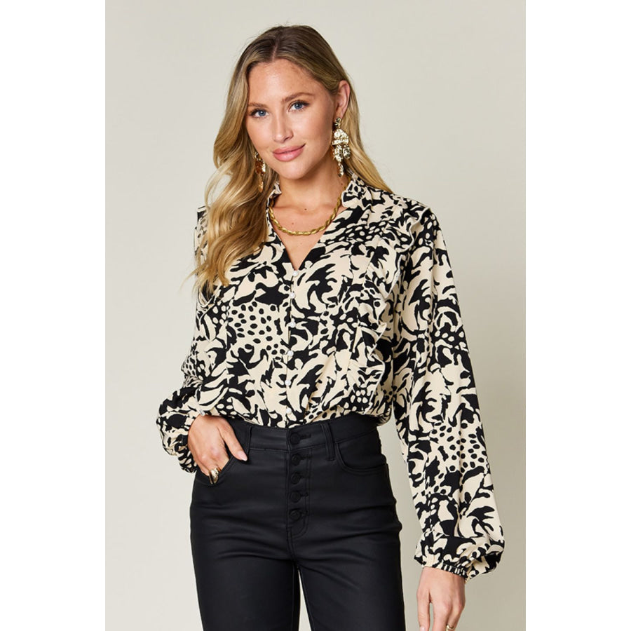 Double Take Full Size Printed Ruffle Trim Balloon Sleeve Shirt Black / S Apparel and Accessories