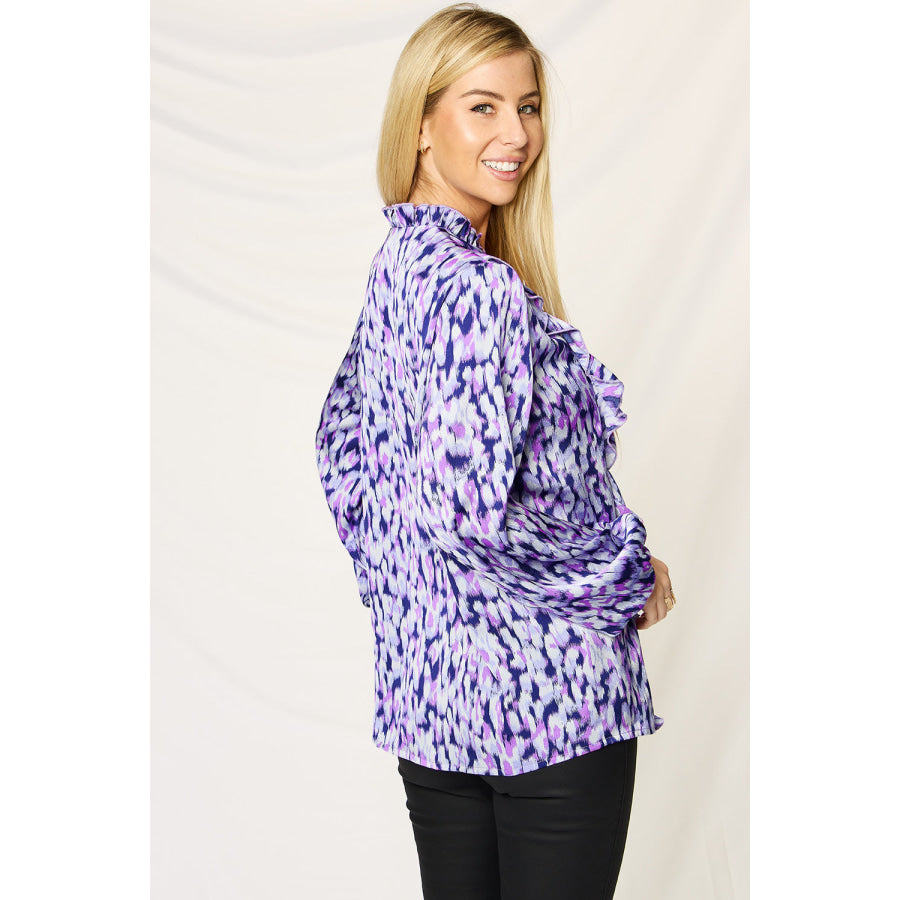 Double Take Full Size Printed Ruffle Trim Balloon Sleeve Shirt Blue Purple / S Apparel and Accessories