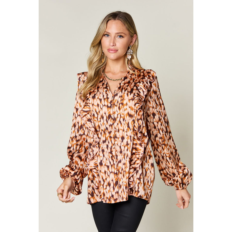 Double Take Full Size Printed Ruffle Trim Balloon Sleeve Shirt Caramel / S Apparel and Accessories