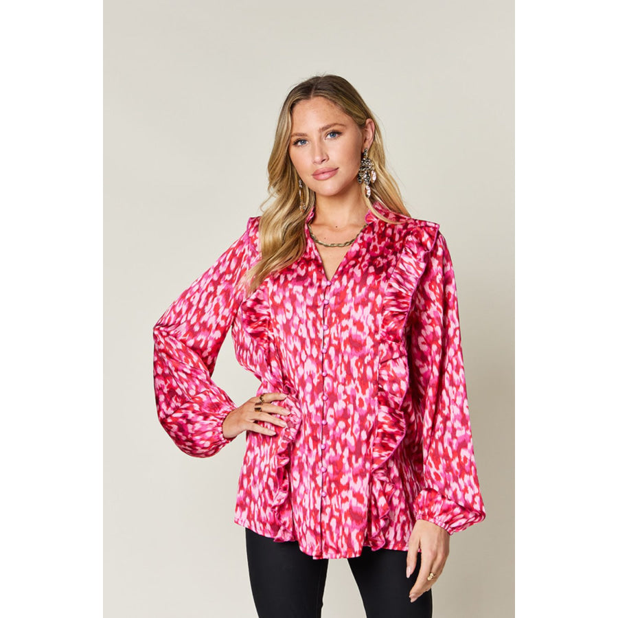 Double Take Full Size Printed Ruffle Trim Balloon Sleeve Shirt Hot Pink / S Apparel and Accessories