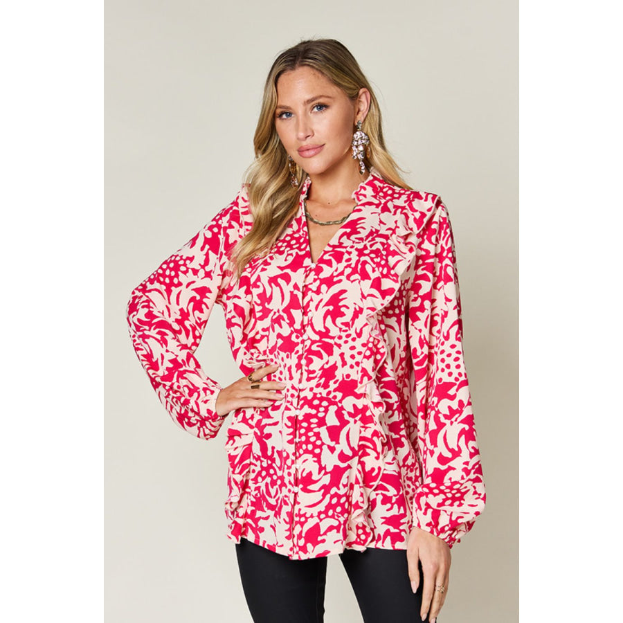 Double Take Full Size Printed Ruffle Trim Balloon Sleeve Shirt Hot Pink / S Apparel and Accessories