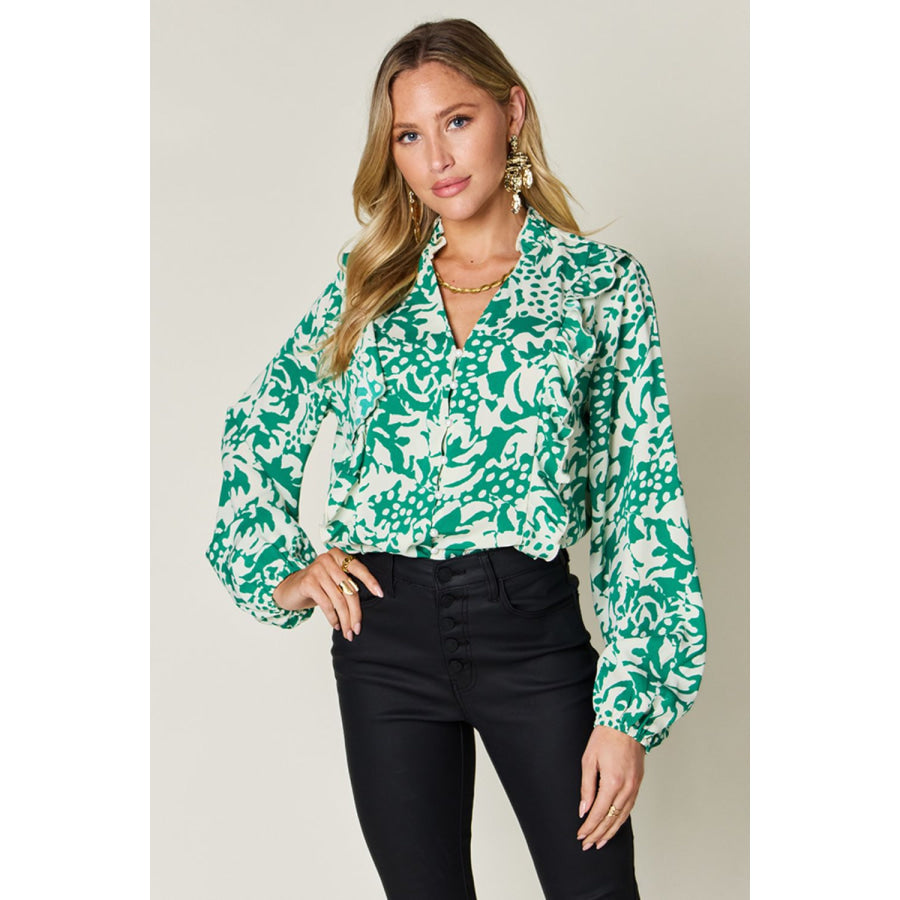 Double Take Full Size Printed Ruffle Trim Balloon Sleeve Shirt Mid Green / S Apparel and Accessories