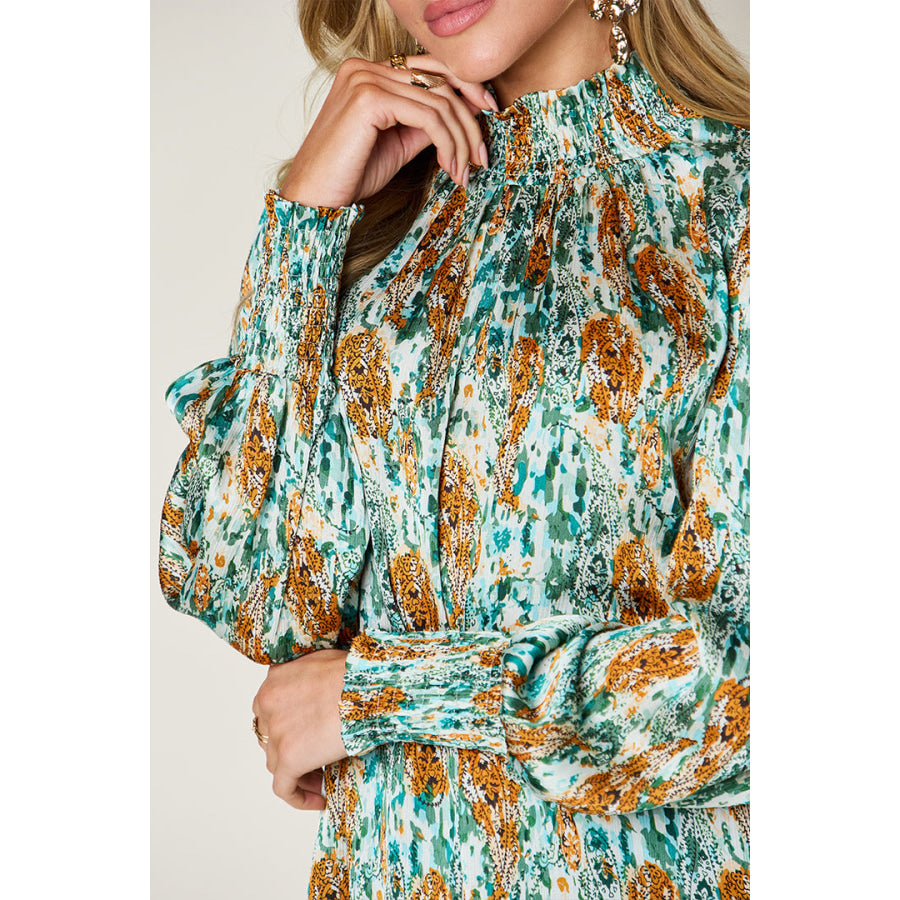 Double Take Full Size Printed Smocked Long Sleeve Blouse Apparel and Accessories