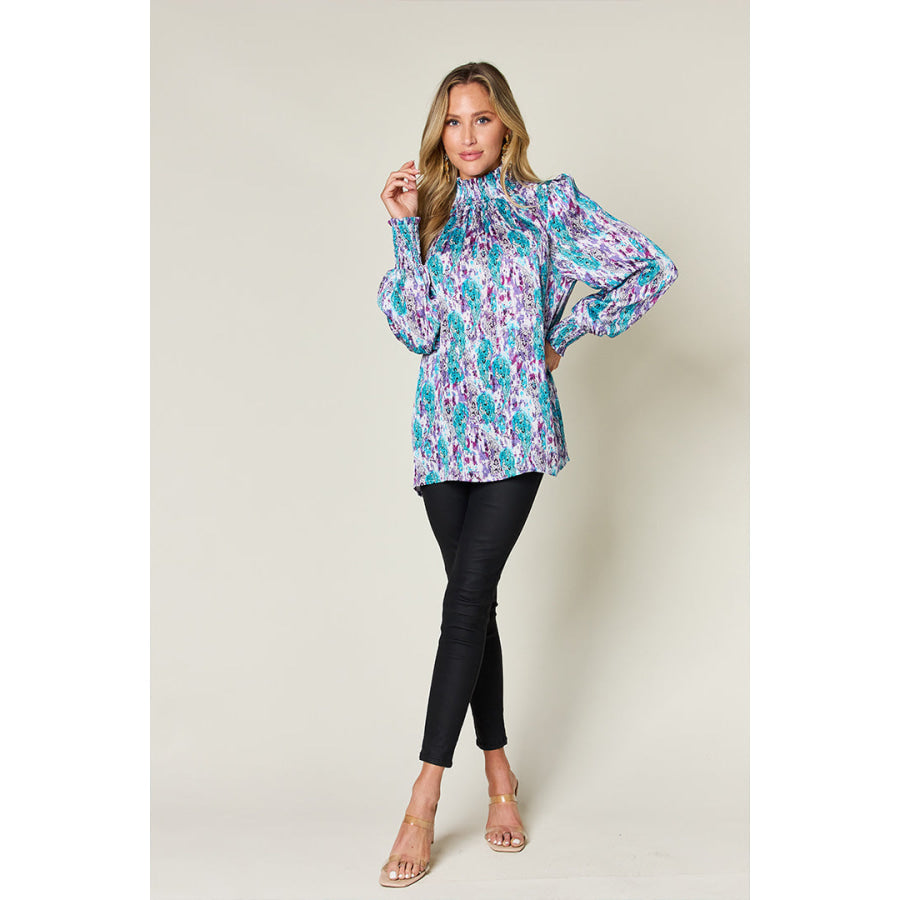 Double Take Full Size Printed Smocked Long Sleeve Blouse Apparel and Accessories