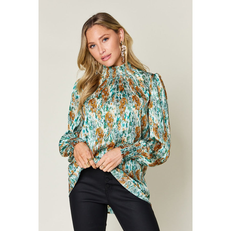 Double Take Full Size Printed Smocked Long Sleeve Blouse Apparel and Accessories