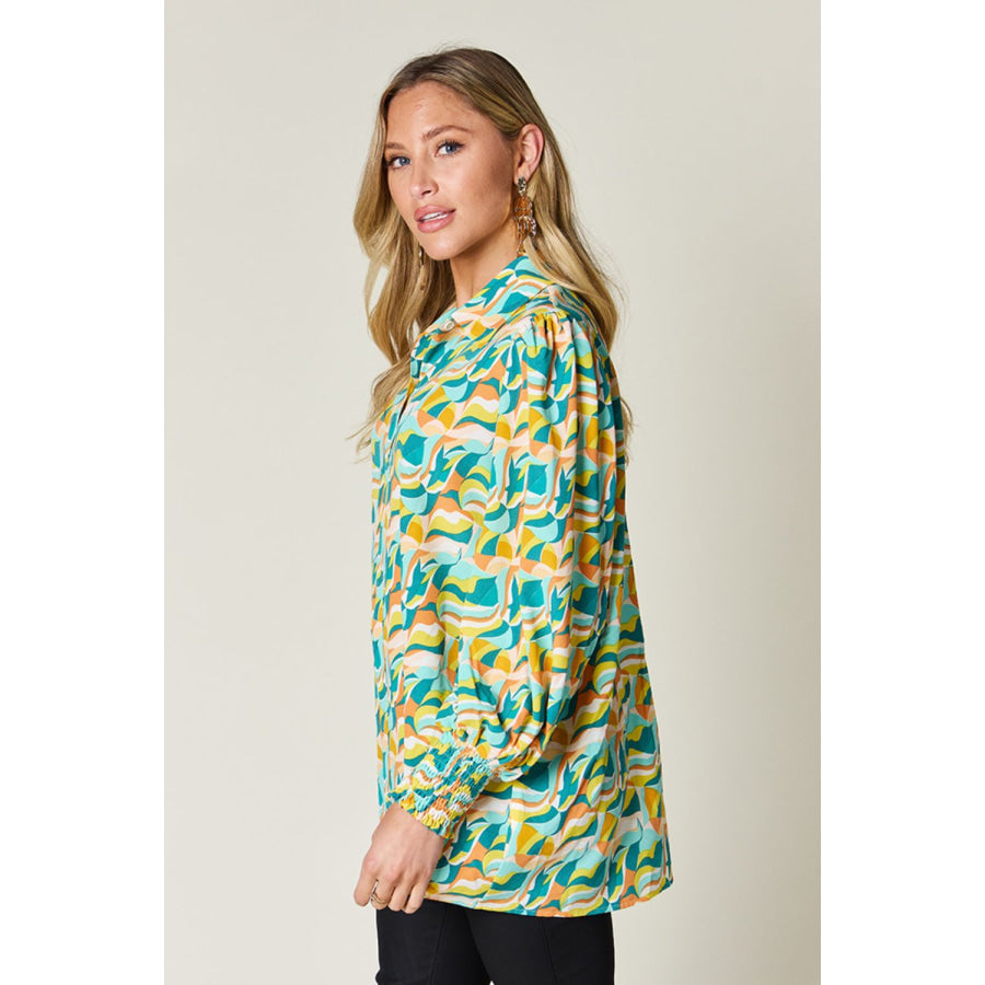 Double Take Full Size Printed Smocked Long Sleeve Blouse Teal / S Apparel and Accessories