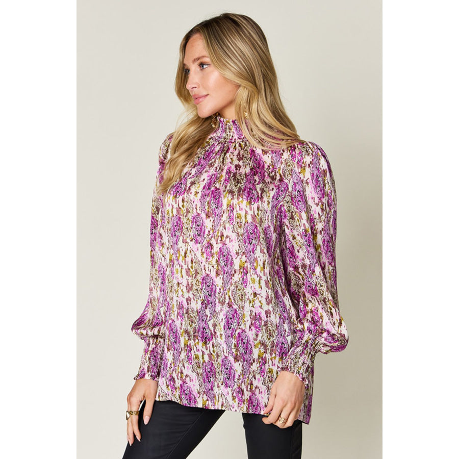 Double Take Full Size Printed Smocked Long Sleeve Blouse Apparel and Accessories