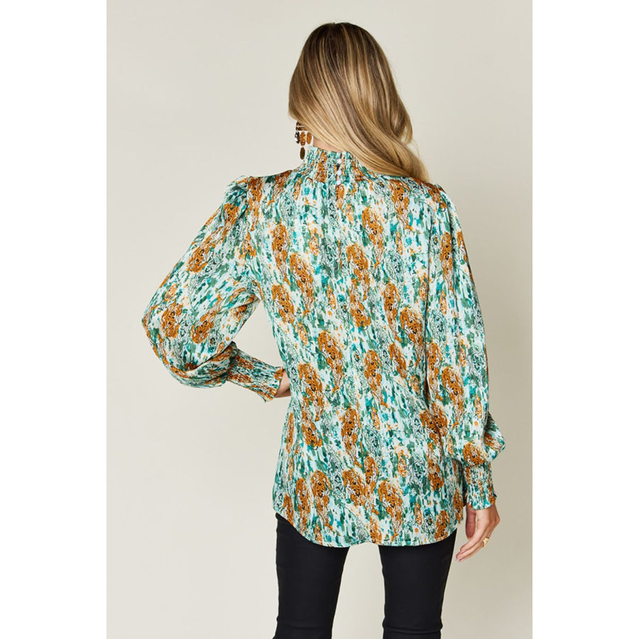 Double Take Full Size Printed Smocked Long Sleeve Blouse Apparel and Accessories