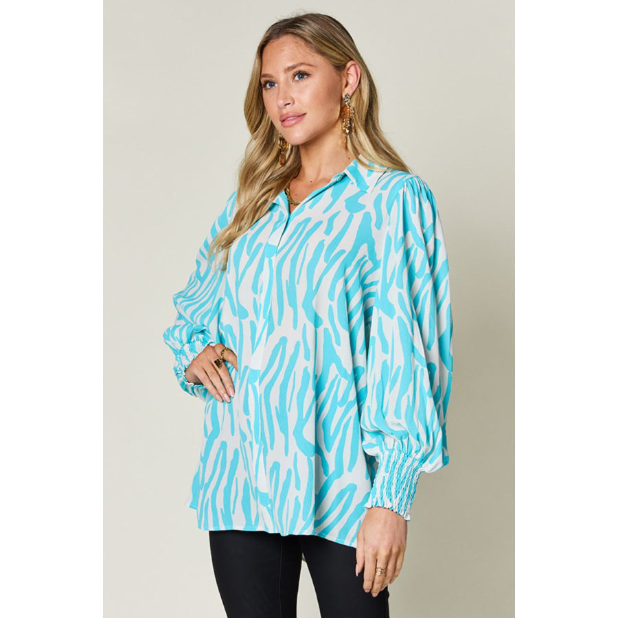 Double Take Full Size Printed Smocked Long Sleeve Blouse Tiffany Blue / S Apparel and Accessories