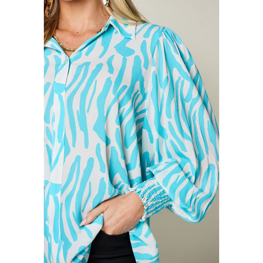Double Take Full Size Printed Smocked Long Sleeve Blouse Apparel and Accessories