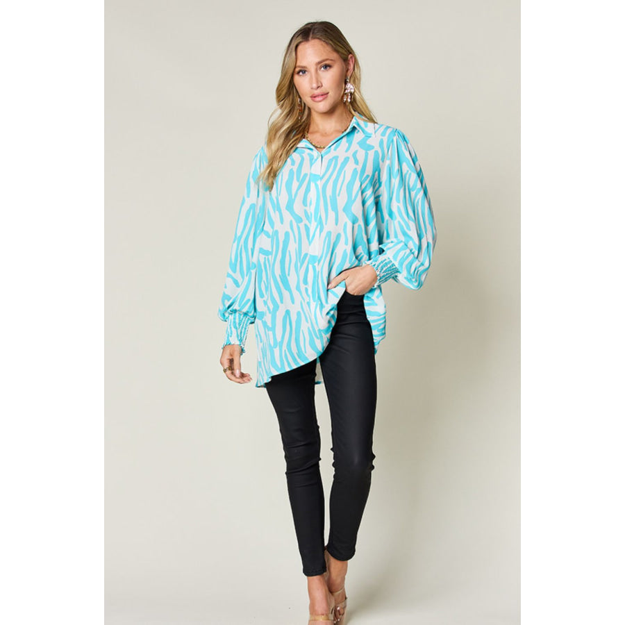 Double Take Full Size Printed Smocked Long Sleeve Blouse Apparel and Accessories