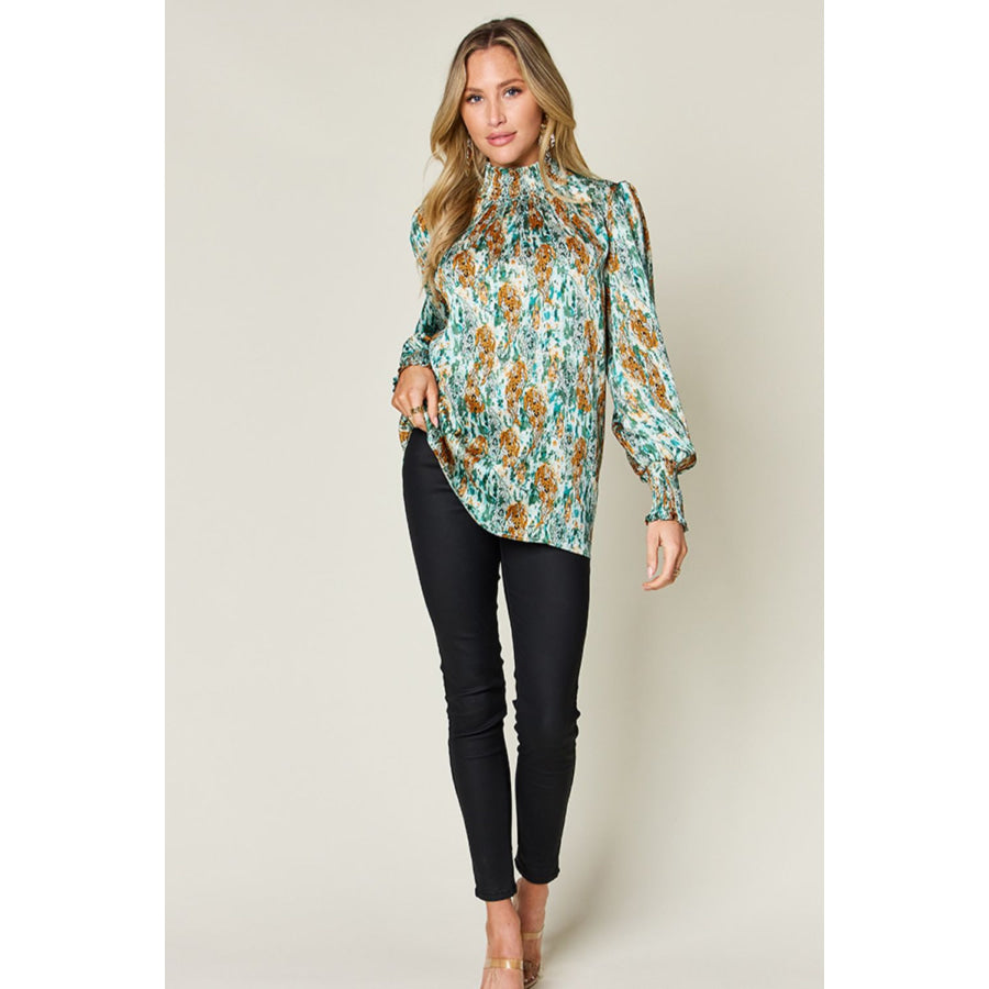 Double Take Full Size Printed Smocked Long Sleeve Blouse Apparel and Accessories