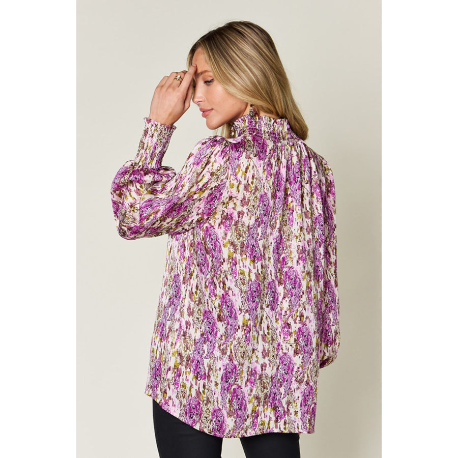 Double Take Full Size Printed Smocked Long Sleeve Blouse Apparel and Accessories