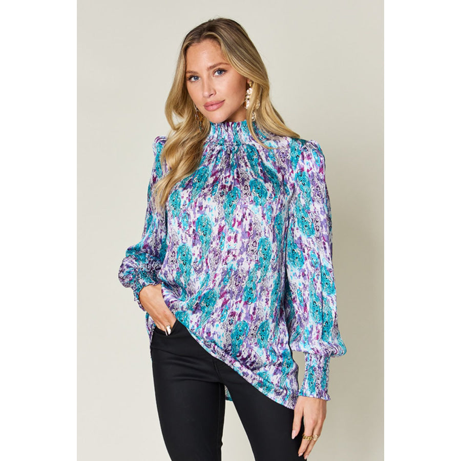 Double Take Full Size Printed Smocked Long Sleeve Blouse Apparel and Accessories