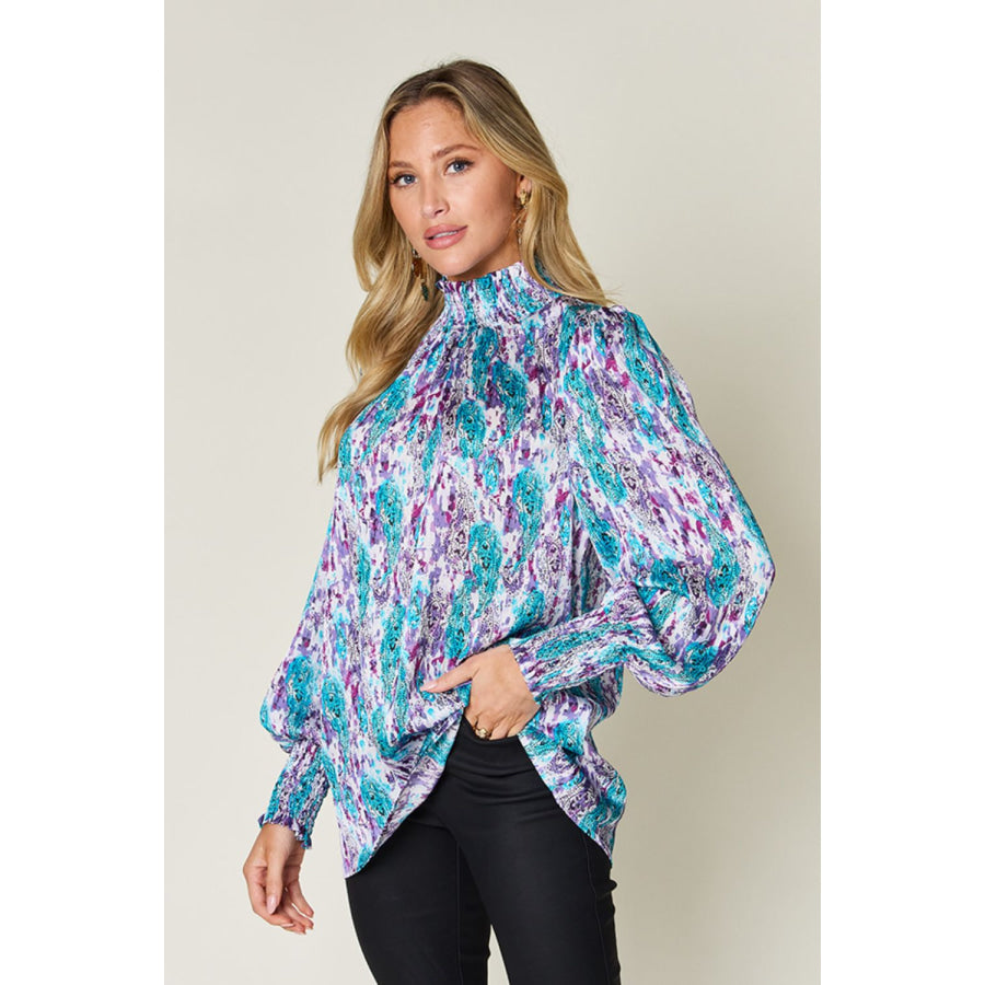 Double Take Full Size Printed Smocked Long Sleeve Blouse Apparel and Accessories